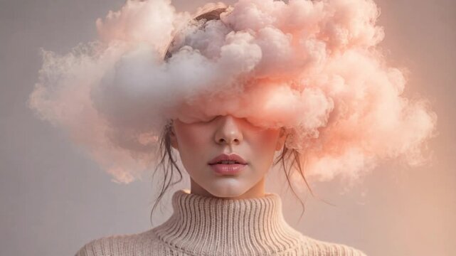 Video of young woman with soft cloud covering her face in a dreamy surreal fashion portrait