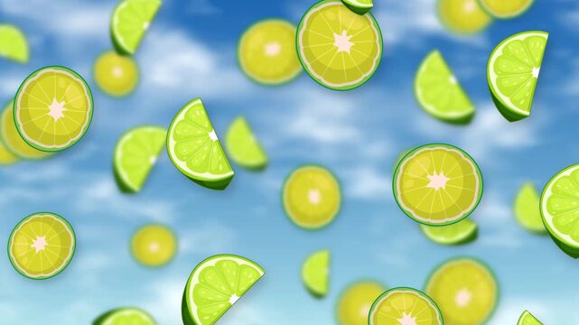 Animated Fresh Lime Slices Falling Against a Bright Blue Sky