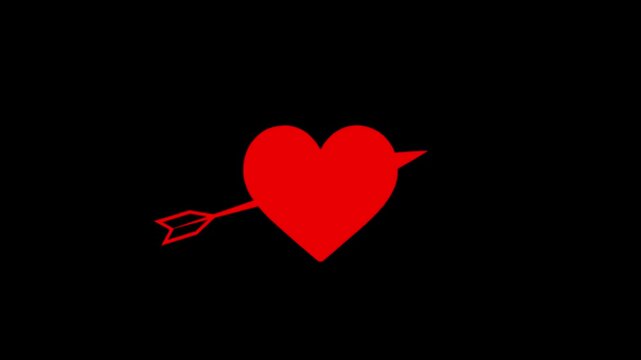 Red heart pierced by cupid arrow animation on black background