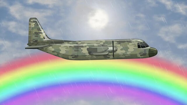 Military Cargo Plane Flying Through Rain Over a Vibrant Rainbow