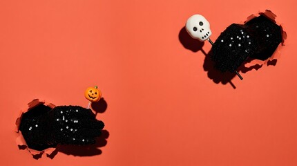 Fototapeta premium Creepy skeleton hands reaching on an orange background beautifully presented