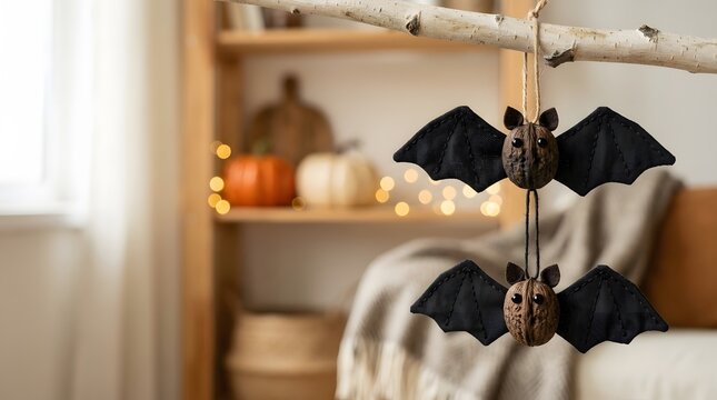 Black paper bat decorations hanging in a festive room perfectly arranged