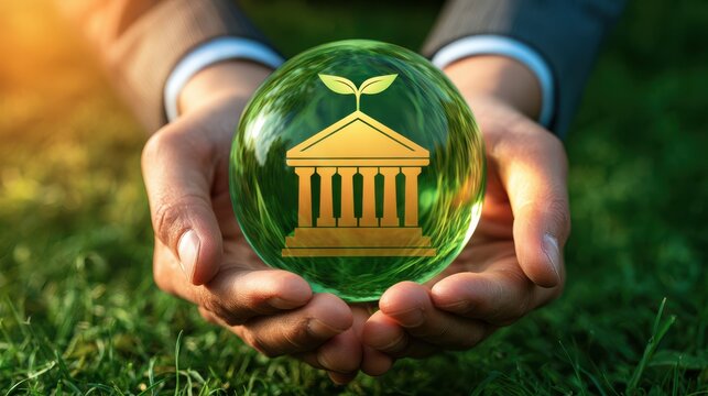 Hands hold a green glass sphere with a golden bank symbol and a leaf on top, symbolizing sustainable finance and eco-friendly banking.
