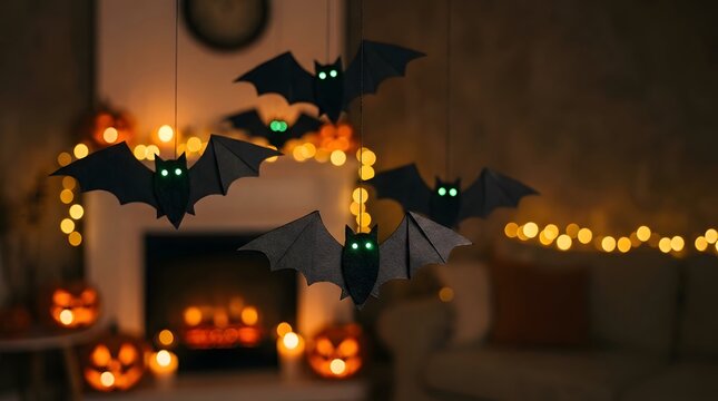 Black paper bat decorations hanging in a festive room beautifully framed