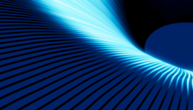 Blue glowing abstract curve with linear light streaks on dark
