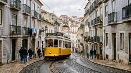 Fototapeta premium Yellow Tram Traveling on Cobblestone Street in Lisbon