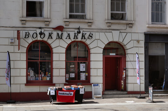 LONDON, UK - AUGUST 22, 2026:  Exterior of Bookmarks socialist bookshop in Bloomsbury Street with sign