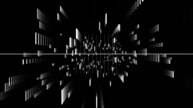 Abstract geometric tunnel perspective with digital light bars and data streams.