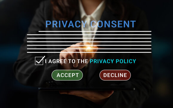 Digital Agreement Concept with Privacy Consent Button, User Interface, Acceptance and Decline Options, Business Person Touching Consent Checkbox Haptic.