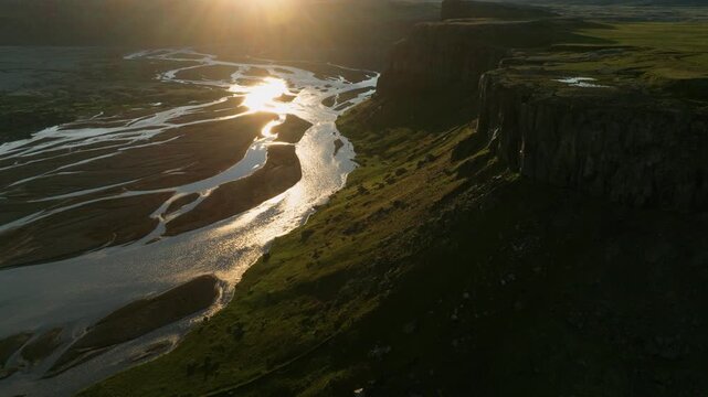 Aerial View Into a Sunlit Basalt River Canyon, Iceland