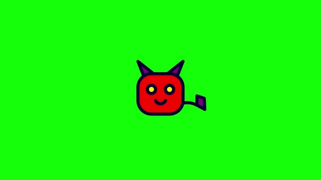Minimalist 2D cartoon illustration of a cute red square devil character with purple horns, yellow eyes, smiling face, and pointed tail, isolated on a solid vibrant green background.