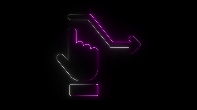 A neon light effect animation of a hand icon holding an upward arrow. Glowing Neon Hand Holding Upward Trend Graph Icon Isolated on hand icon carrying an up arrow icon Black Background. 4k video. 