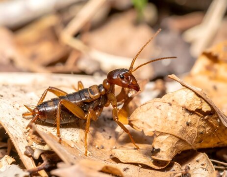 Close-up view of an earwig insect with prominent pincers on dry leaves in a natural outdoor setting