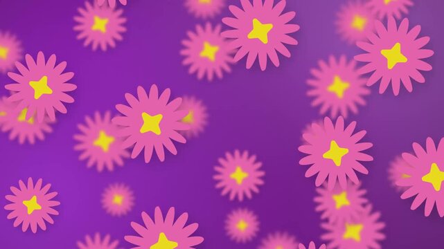 Playful Pink Stylized Flowers Falling Over a Purple Mesh Background