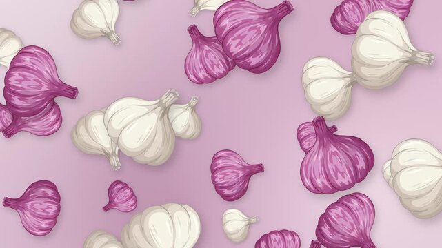 Animated Falling White and Purple Garlic Bulbs on Pink Background