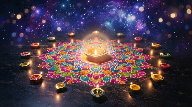 Diwali diya lamp with colorful rangoli on dark background