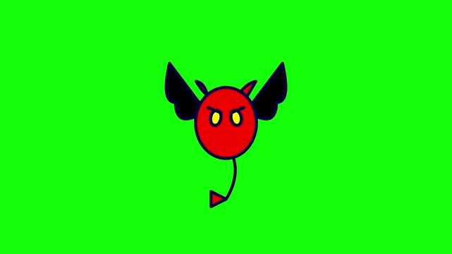 2D digital illustration of a red round devil character with black bat wings, small horns, yellow eyes, and a pointed tail isolated on a solid bright green chroma key background.