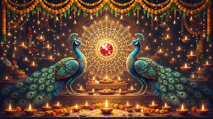Fototapeta premium Two beautiful peacocks with glowing mandala and diya lamps