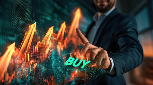 A businessman in a suit interacts with a digital interface displaying rising orange arrows and the word "BUY," symbolizing stock market growth and investment decisions.