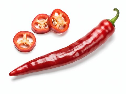 Red chili pepper with sliced pieces on white background