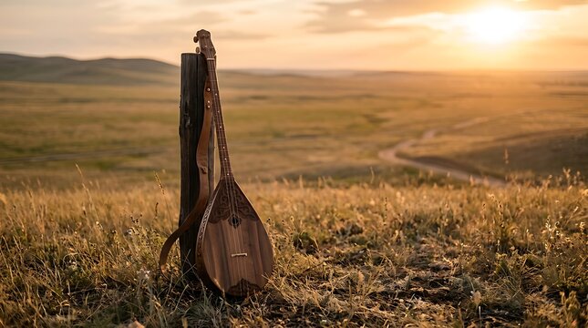 Traditional stringed instrument leaning on post in golden field