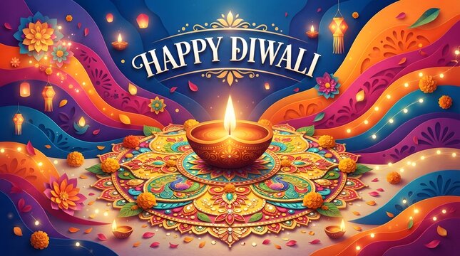 Happy diwali greeting with traditional diya lamp and rangoli