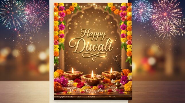 Happy diwali celebration with diya lamps and flowers