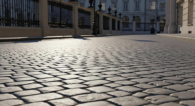 Cobblestone street with stone fence with Stone paved road surface near metal fence classic architecture
