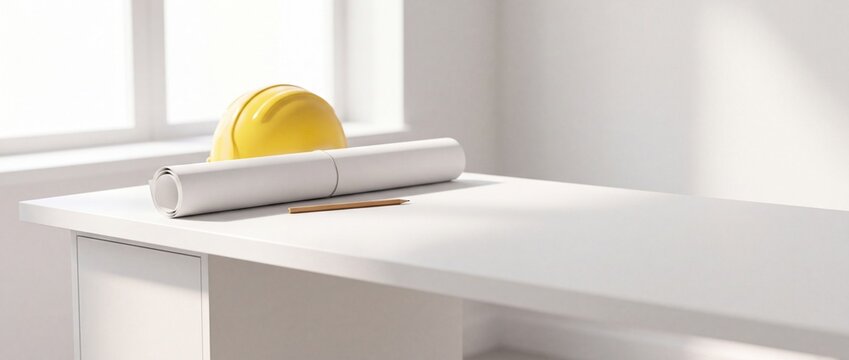 A yellow hard hat and rolled blueprints with a pencil resting on a white desk with architectural blueprints wooden yellow safety helmet clean white office