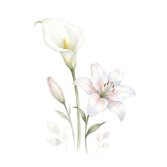 Obraz premium Watercolor white calla lily and oriental lily floral bouquet isolated on white background
