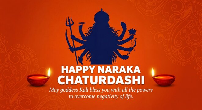 Happy Naraka Chaturdashi Festival Greeting with Goddess Kali Silhouette and Diyas