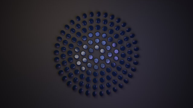 Abstract pattern of blue polka dots radiating on dark background