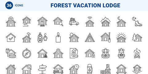 Naklejka premium Cabin Getaway Web Icon Set in Linear Style. Collection of Lodge Retreat line icons, including vacation rental, wilderness lodging, outdoor recreation, booking, amenities, eco tourism.