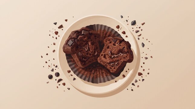 Chocolate muffin flat design illustration with cocoa nibs and scattered crumbs, rich brown pastry, modern bakery concept with clean negative space for commercial layouts.