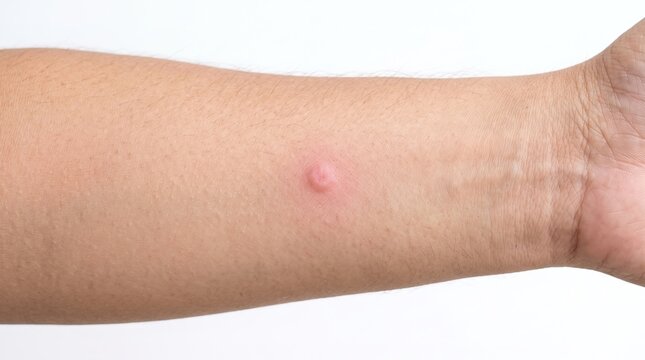 Red mosquito bite papule on human forearm skin closeup