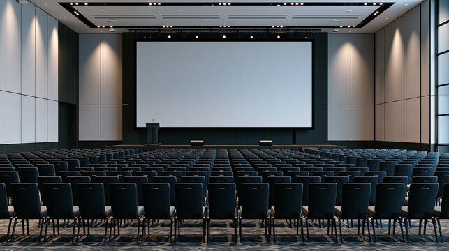 Modern empty professional conference auditorium with neat rows of dark blue seats facing large blank projection screen and stage ready for business event or formal presentation