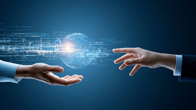 Human and artificial intelligence collaboration concept, two hands reaching toward a luminous digital sphere, surrounding data streams transforming into organized workflow structures, futuristic