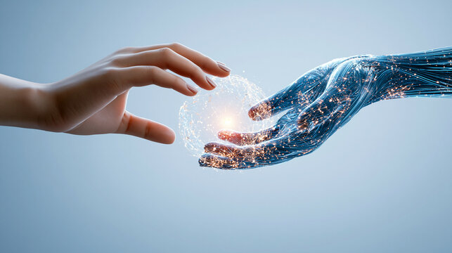 Human and artificial intelligence collaboration concept, two hands reaching toward a luminous digital sphere, surrounding data streams transforming into organized workflow structures, futuristic