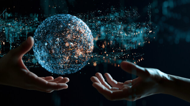 Human and artificial intelligence collaboration concept, two hands reaching toward a luminous digital sphere, surrounding data streams transforming into organized workflow structures, futuristic