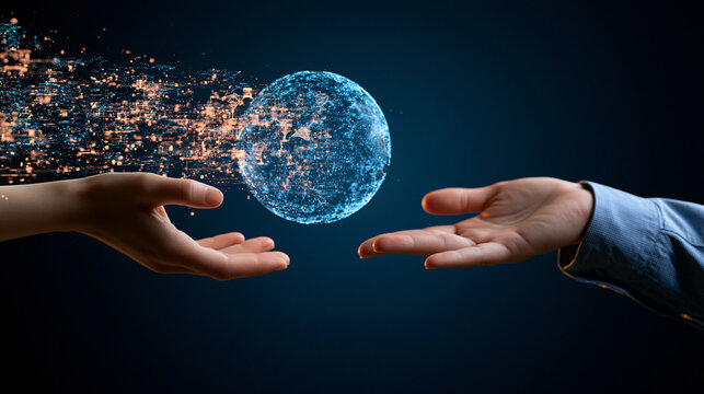 Human and artificial intelligence collaboration concept, two hands reaching toward a luminous digital sphere, surrounding data streams transforming into organized workflow structures, futuristic
