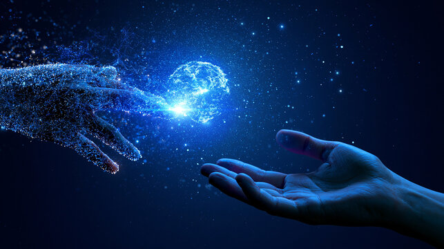 Human and artificial intelligence collaboration concept, two hands reaching toward a luminous digital sphere, surrounding data streams transforming into organized workflow structures, futuristic