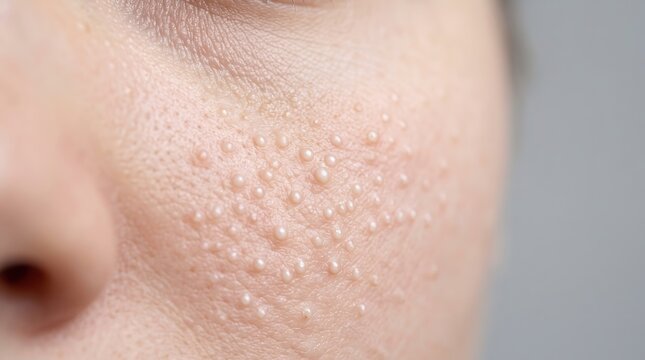 Multiple white milia bumps on female cheek and under eye skin