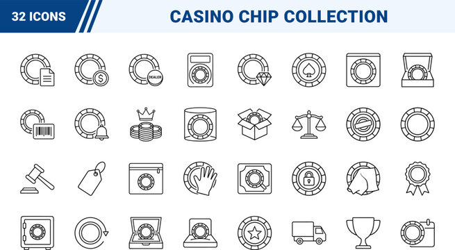Poker Chip Casino Chip Collection Web Icon Set in Linear Style. Collection of chip vault, casino memorabilia, chip grading, display case, dealer kit, chip auction line icons, including storage