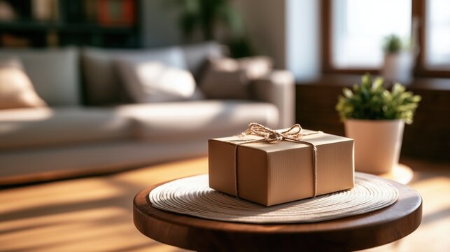 Wrapped Kraft Paper Gift Box Tied with Twine on Wooden Table in Cozy Living Room
