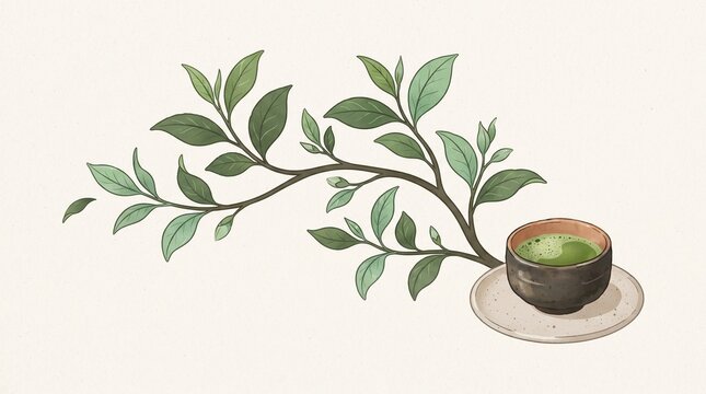 Fresh matcha tea leaves with a cup of vibrant green tea in an elegant Japanese botanical flat design illustration for packaging and branding.