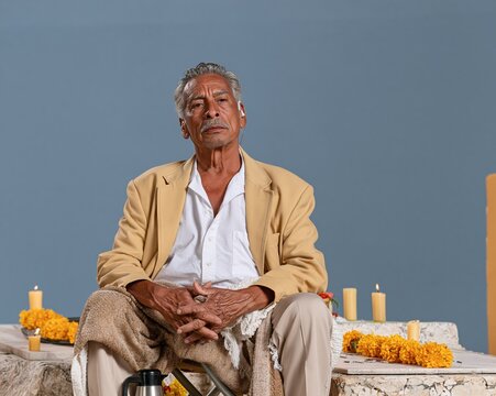 Mexican man sitting in a quiet vigil with glowing candles and marigolds at a grave, weathered and reverent for solitude and grief themes, with copy space