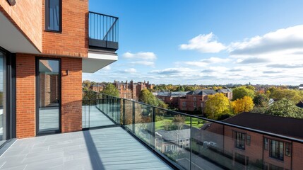 Naklejka premium Balcony view with glass railing shows cityscape and autumn trees under a blue sky with scattered clouds
