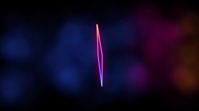 Neon diamond shape glowing with vibrant gradient colors against a dark, misty space background with subtle stars