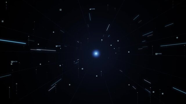 Data streaming through digital tunnel with futuristic light speed lines and network nodes in dark space.