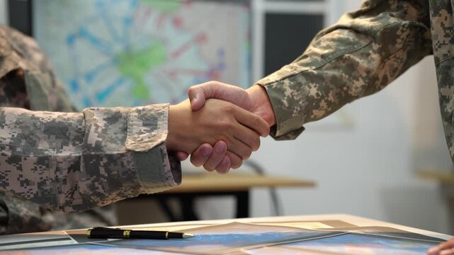 Close view of two soldiers in camouflage uniforms shaking hands over maps and a pen during a military planning meeting.